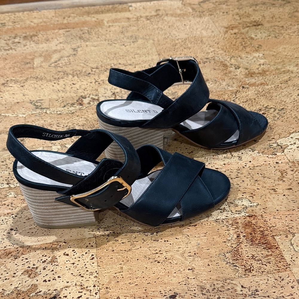 Black Sandals w/block heel and gold buckle